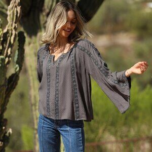 Womens Textured Flare Sleeve Lace Inserts Blouse Top S-L